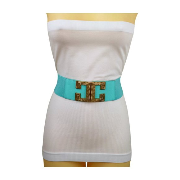 NEW Women Mint Green Shade Elastic Wide Belt Metal C Buckle Adjustable Size S M - Picture 4 of 17